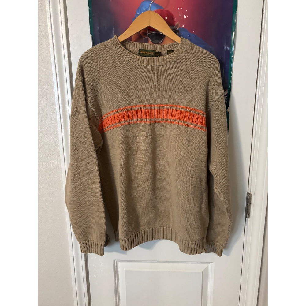 Timberland Weathergear Mens Large Tan Khaki Orange Stripe Cotton Knit Sweater